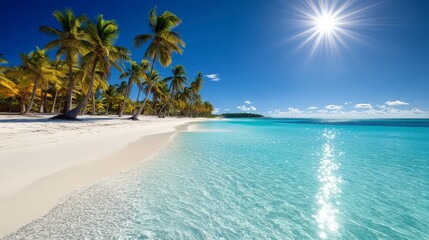 Fototapeta premium Tranquil tropical beach with palm trees and clear blue ocean water