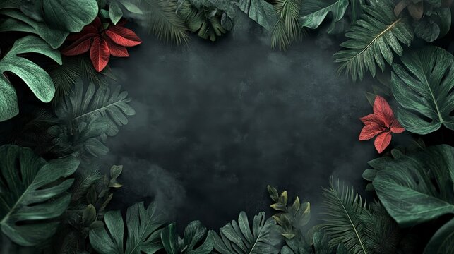 Lush green tropical leaves with red accent flowers on dark background