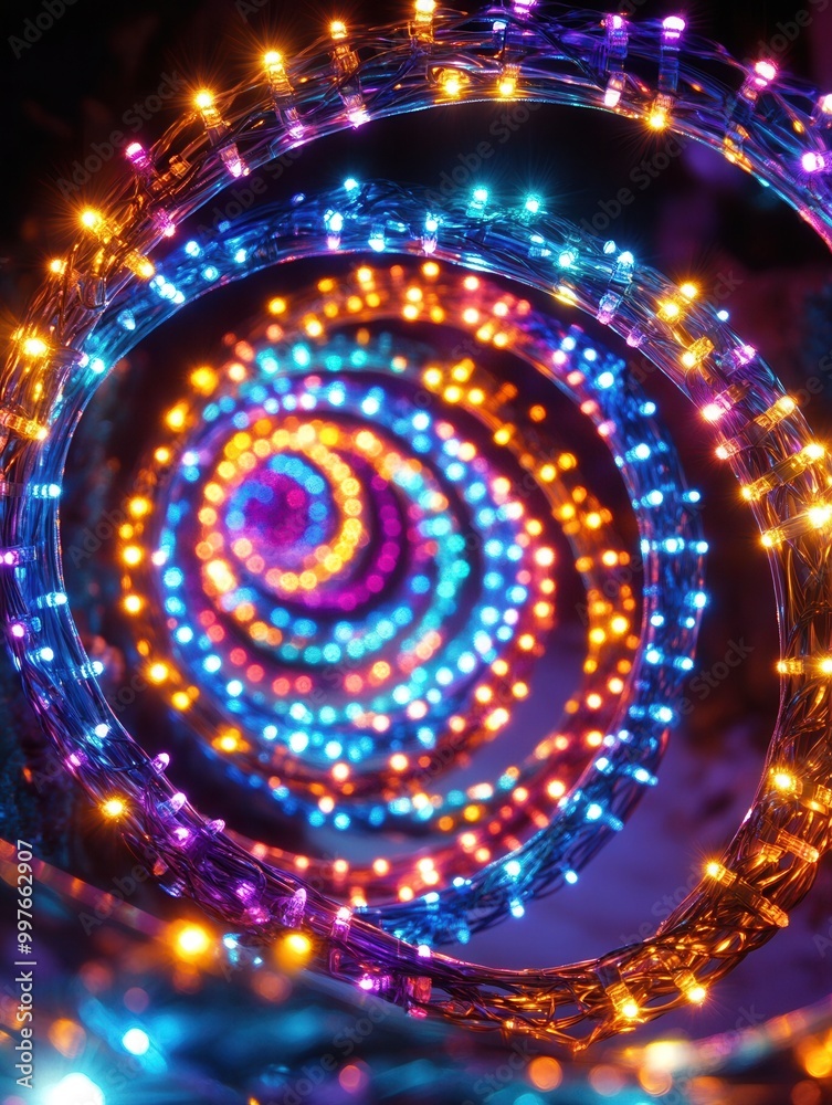 Poster colorful christmas lights twirl in a spiral formation, illuminating the night with a dynamic and enc