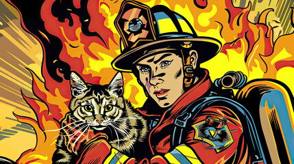 Firefighter in full gear carrying a cat, flames and smoke in background, with action lines.