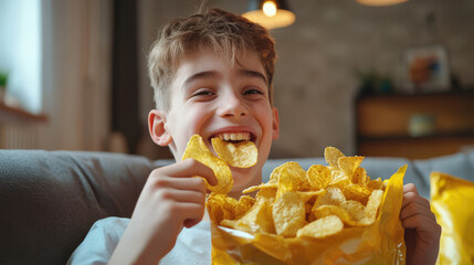 A happy white teenage boy eats potato chips from a bag while sitting on the couch. The idea of enjoyment and relaxation, since the boy is in a comfortable environment, most likely at home