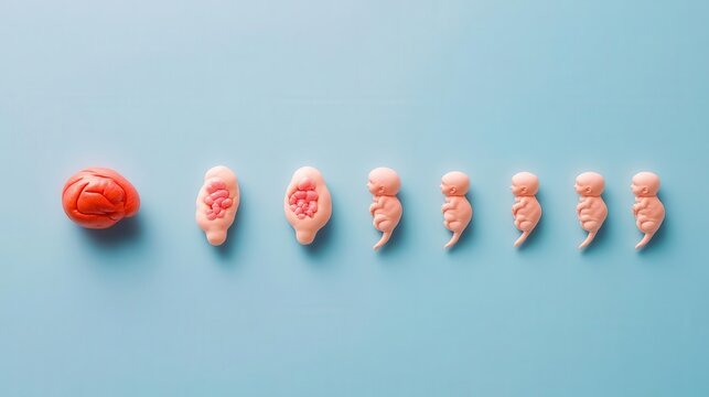 Artistic rendering of an embryo's journey from zygote to fetus, highlighting each stage, life development, embryo stages