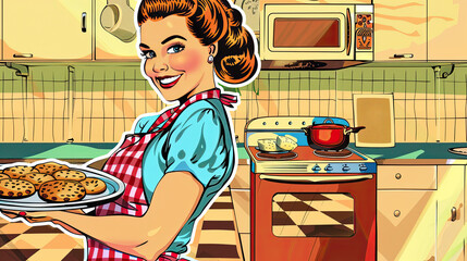 Exaggerated smile, woman in retro attire, cookies on tray, kitchen with checkered floor.