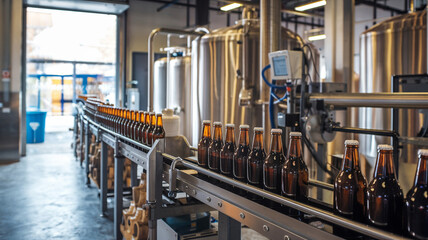 Bottling process in a modern brewery facility with lines of amber bottles on a conveyor.