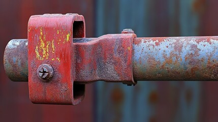 Weathered rusty metal pipe with red connector in outdoor setting