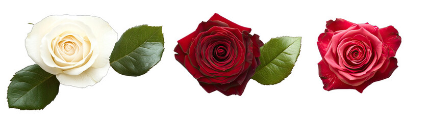 Red, White and Pink Roses. Top View, Side View and Macro View. Isolated on a Transparent Background. Cutout PNG.