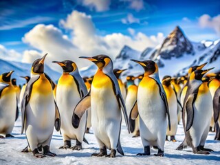 Fototapeta premium In a snowy panorama, whimsical yellow penguins create a colorful display, transforming the landscape into a delightful