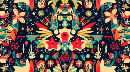 The artwork displays a colorful arrangement of Christmas motifs, like trees, snowflakes, and gifts, blending harmoniously in abstraction. Generative AI