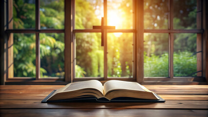 Open Bible on wooden table in tranquil library with cross in window, creating peaceful atmosphere, Bible, open, wooden table