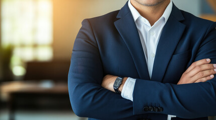 A businessman crosses his arms while listening attentively during a negotiation, showcasing a defensive posture in a strategic discussion.