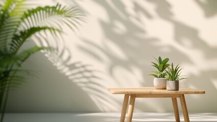 Fototapeta premium Serene Indoor Oasis: Lush green plants in stylish pots atop a wooden table, beautifully casting shadows against a soft beige wall, creating a tranquil atmosphere perfect for relaxation.