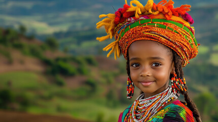 A delightful Ethiopian child dressed in vivid traditional garb, showcasing cultural pride and vibrant innocence against a clean backdrop.