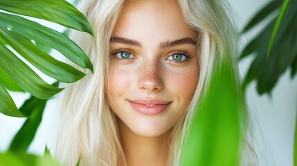 Naklejka premium Stunning closeup of a smiling woman amidst vibrant jungle plants, showcasing beauty and joy in a natural paradise.