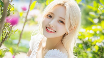 A joyful young woman with golden blond hair, radiating beauty and charm, brings warmth and cuteness to her surroundings.