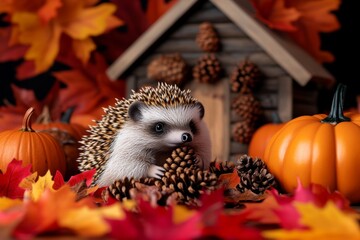 Create a peaceful fall illustration with a hedgehog gathering pinecones near a rustic cottage, surrounded by pumpkins and vibrant orange and red leaves.
