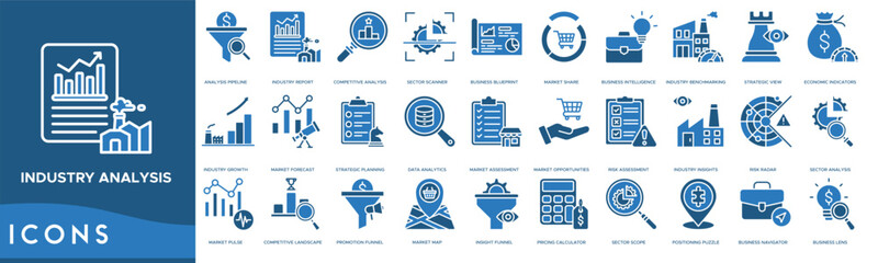 Industry analysis icon. Analysis Pipeline, Industry Report, Competitive Analysis, Sector Scanner and Business Blueprint