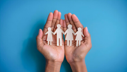 Paper chain on hand on blue background. Life insurance, health insurance concept.