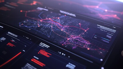 Fototapeta premium Futuristic Crime Prediction Dashboard Displaying Real-Time Data on High-Risk Areas and Trends, Advanced Digital Interface against Dark Backdrop, map highlighting high-risk areas and crime trends, emph