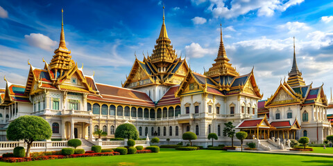 Fototapeta premium Majestic Grand Palace in Bangkok city with intricate architectural details and vibrant colors