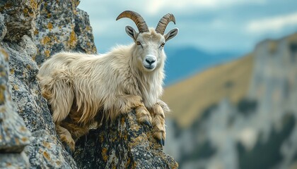 Agile mountain goat balancing on steep cliff face