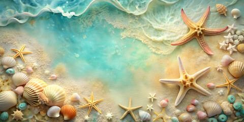 Abstract marine background with starfish, seashells, corals, and sea wave in pastel colors, pastel colors, abstract