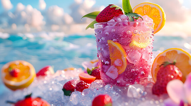 Chill vibes by the beach. Frozen ice adorned with colorful fruits in a cup, creating a refreshing and tropical summer sensation