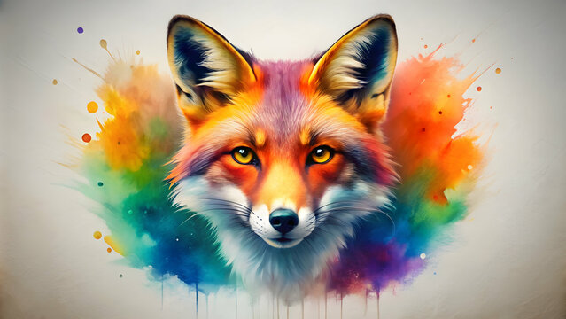 Forceful and colorful watercolor fox face logo on a monochrome background by Yuki Sakura , superior quality, watercolor