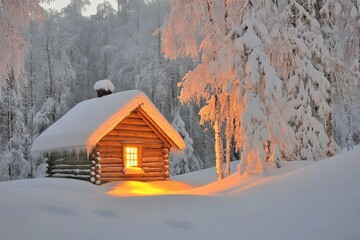 Snow Falling Over Wooden Cabin in Serene Winter Landscape Scene