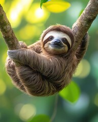 Fototapeta premium Lazy sloth hanging from tropical tree branch