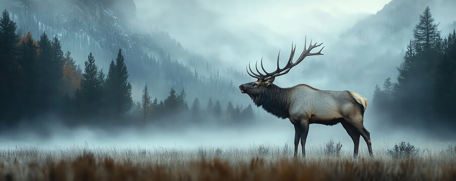 Majestic elk bugling in misty mountain meadow