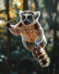 Playful lemur leaping between trees in Madagascar