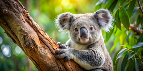 Obraz premium Koala resting in eucalyptus tree, Koala, tree, eucalyptus, Australian wildlife, marsupial, cute, furry, relaxation