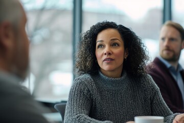 A mediation session led by a trained facilitator, helping team members discuss their differences and reach a mutual agre, Generative AI 