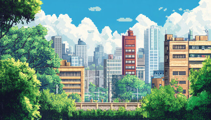 Obraz premium A retro-inspired, pixelated landscape or city scene reminiscent of classic 8-bit video games, perfect for a nostalgic yet playful vibe