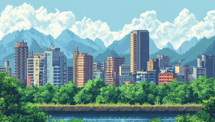 Obraz premium A retro-inspired, pixelated landscape or city scene reminiscent of classic 8-bit video games, perfect for a nostalgic yet playful vibe