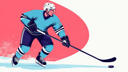 Hockey player in blue jersey skating on ice, focused on puck. dynamic pose captures excitement of game, showcasing athleticism and skill. 