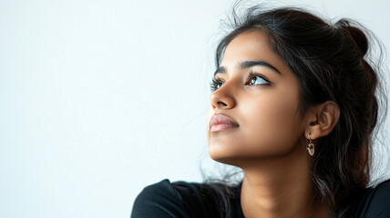 Naklejka premium A young woman gazes thoughtfully out of a window in a minimalist indoor setting