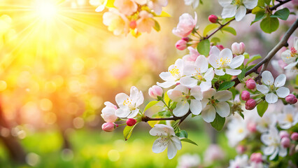 Obraz premium Blooming apple tree with sunshine bokeh background, apple tree, blooming, flowers, spring, nature, sunlight, bokeh, background