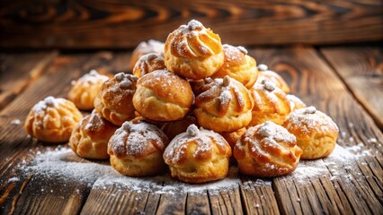 Irresistible chouquettes, French cream puffs dusted with sugar, sit gracefully on a rustic wooden table, inviting you
