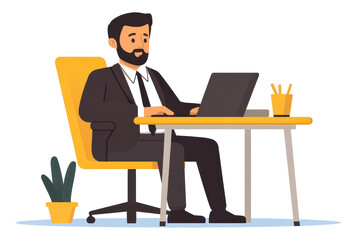 A modern flat illustration shows a man in formal attire focused on work at his desk, blending textures in cartoon style.