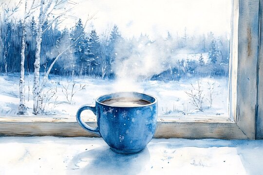 Watercolor Painting, Cozy Hot Cocoa on Windowsill with Frost Patterns and Snowy Landscape