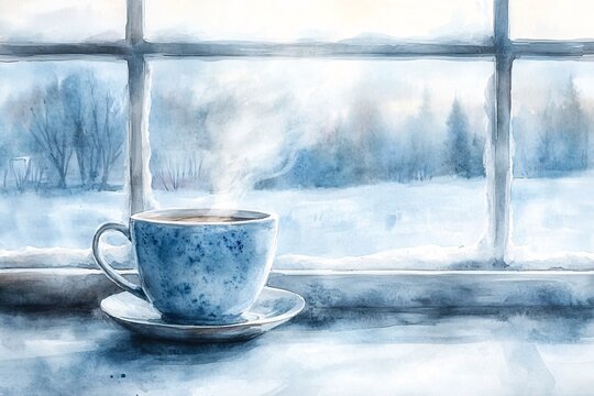Watercolor Painting, Cozy Hot Cocoa on Windowsill with Frost Patterns and Snowy Landscape