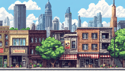 Obraz premium A retro-inspired, pixelated landscape or city scene reminiscent of classic 8-bit video games, perfect for a nostalgic yet playful vibe