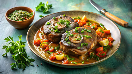 Delicious Osso Buco with Gremolata on Pastel Background in Clear Light, osso buco, gremolata, Italian cuisine