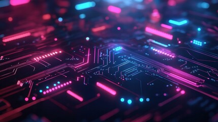 Obraz premium Abstract Circuit Board with Neon Pink and Blue Lighting