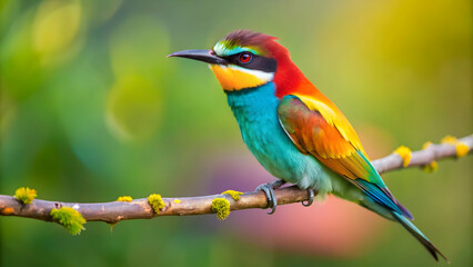 Obraz premium Vibrantly colored European bee eater bird perched on a branch , Wildlife, Nature, Bird, Colorful, Feathers