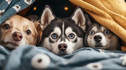 Sleepover party with animals in pajamas, under a blanket fort