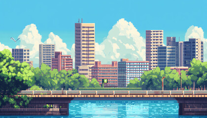 Fototapeta premium A retro-inspired, pixelated landscape or city scene reminiscent of classic 8-bit video games, perfect for a nostalgic yet playful vibe