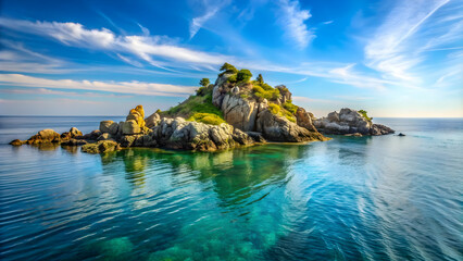 Obraz premium Scenic view of the tranquil sea and rugged rocks on a secluded island, ocean, waves, shore, coastline, nature, scenic