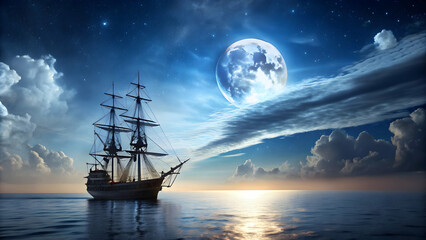 Fototapeta premium Old ship sailing in the sea under a full moon , vintage, nautical, wooden, ship, ocean, waves, moonlight, night